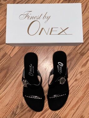 Onex Black Rhinestone Buckle Slide Mules